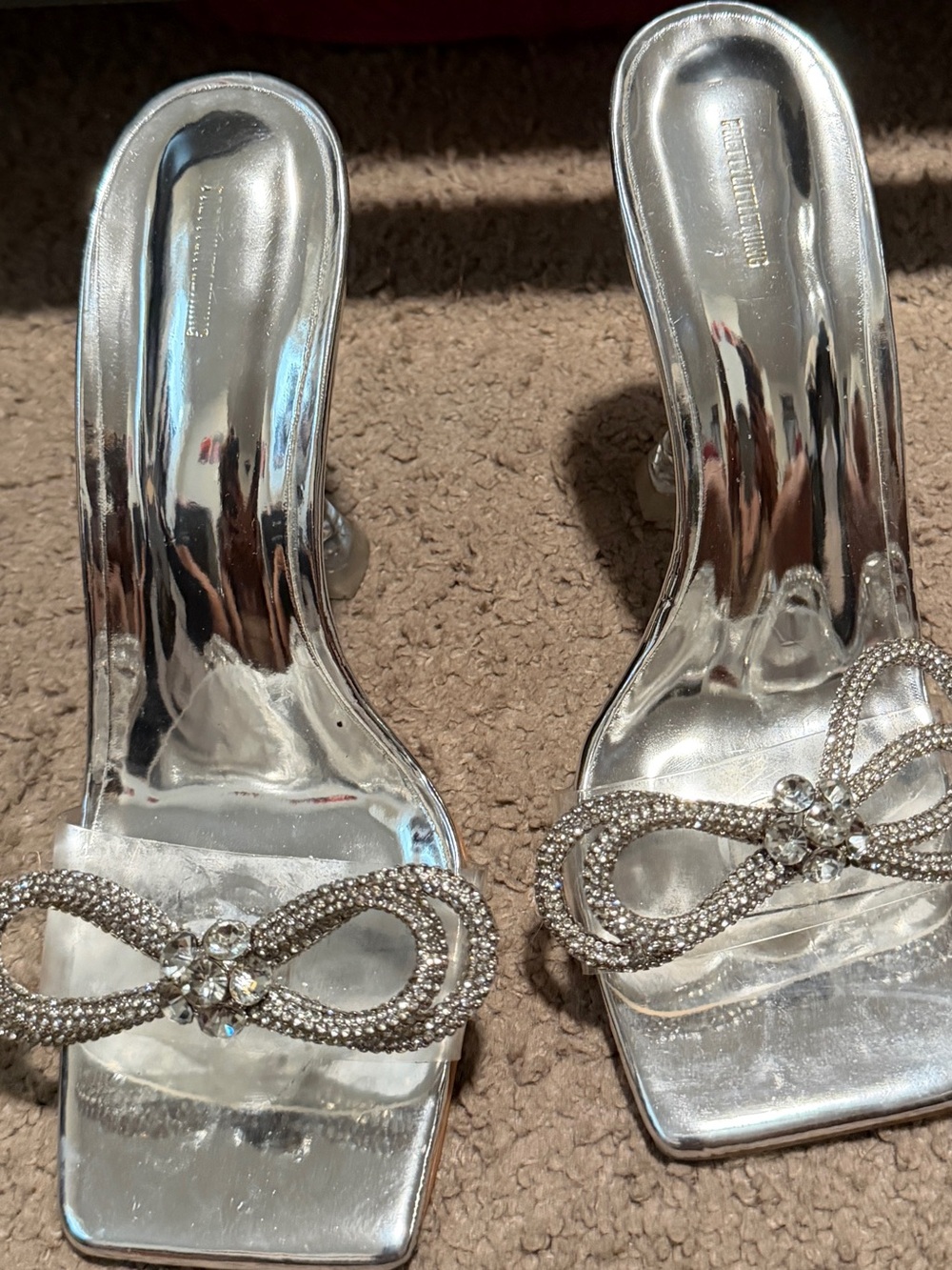 PrettyLittleThing Silver Crystal Bow Slide Heels